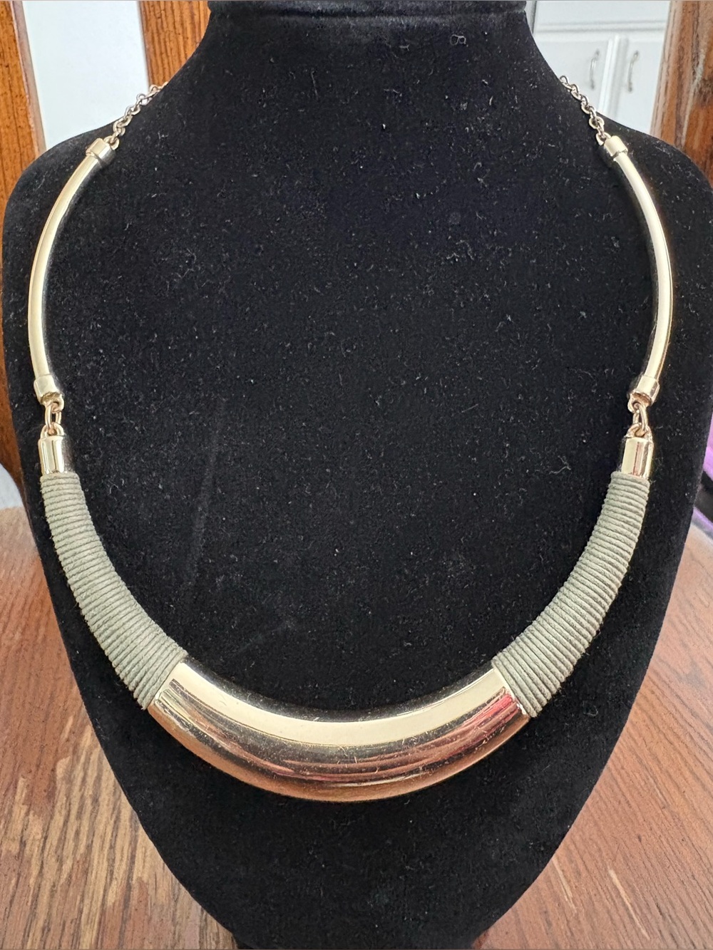WHBM Gold Tone and Gray Cord Statement Necklace